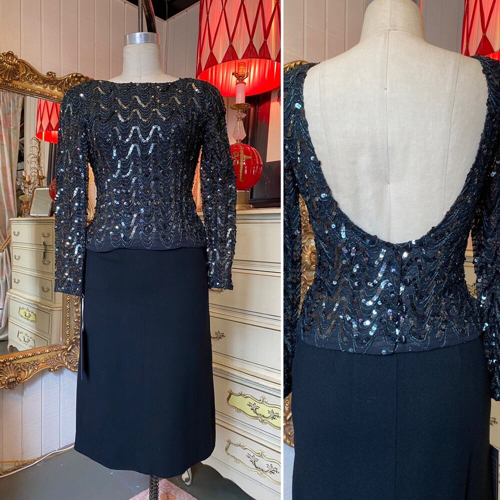 vintage 1980s green and black sequin backless top padded shoulders cocktail med